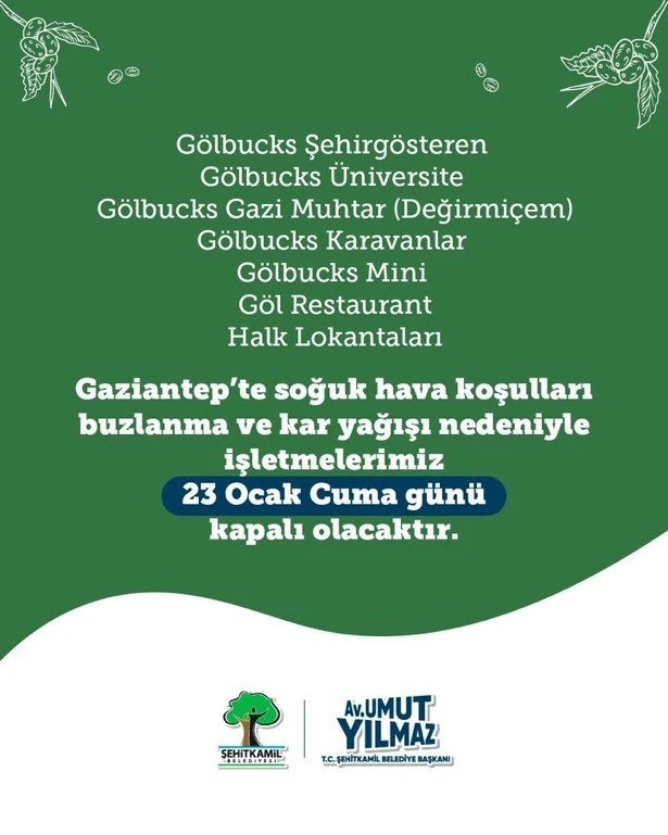 Gaziantep’te Kar ve Buzlanma Nedeniyle Bazı İşletmeler 23 Ocak’ta Hizmet Veremeyecek